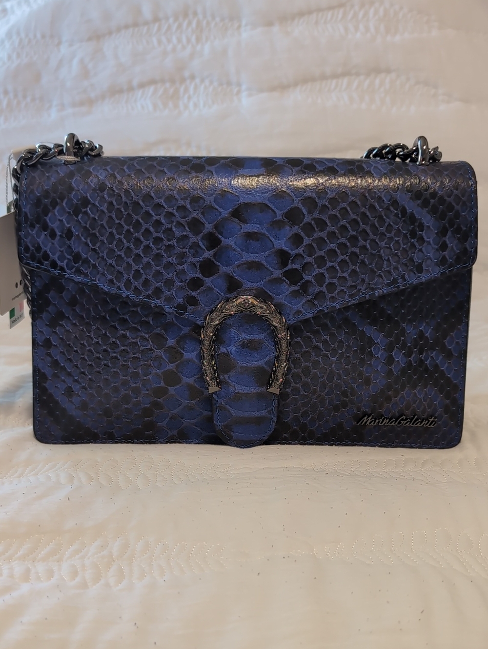 Designer Navy Python-Embossed Chain Shoulder Bag - Picture 1 of 10